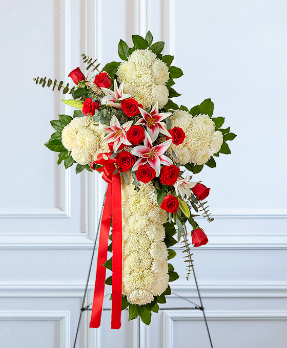 Cruz Funeraria Blanca con Rosas Móstoles